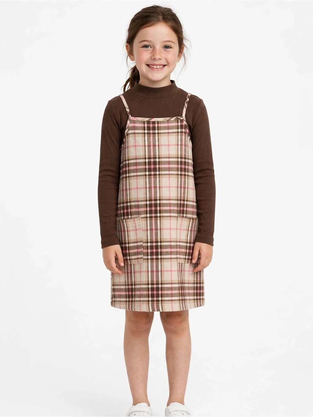 Btween Girls 7 Plaid Pinafore Dress + Brown Ribbed Top Set